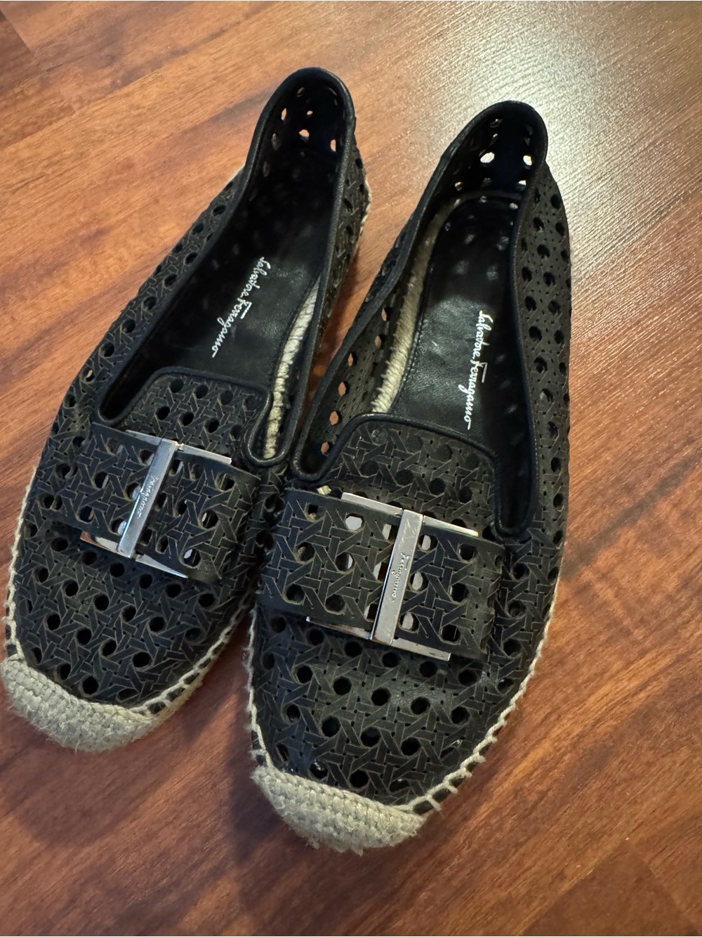 Salvatore Ferragamo Black Laser-Cut Espadrille Loafers with Metal Bit
